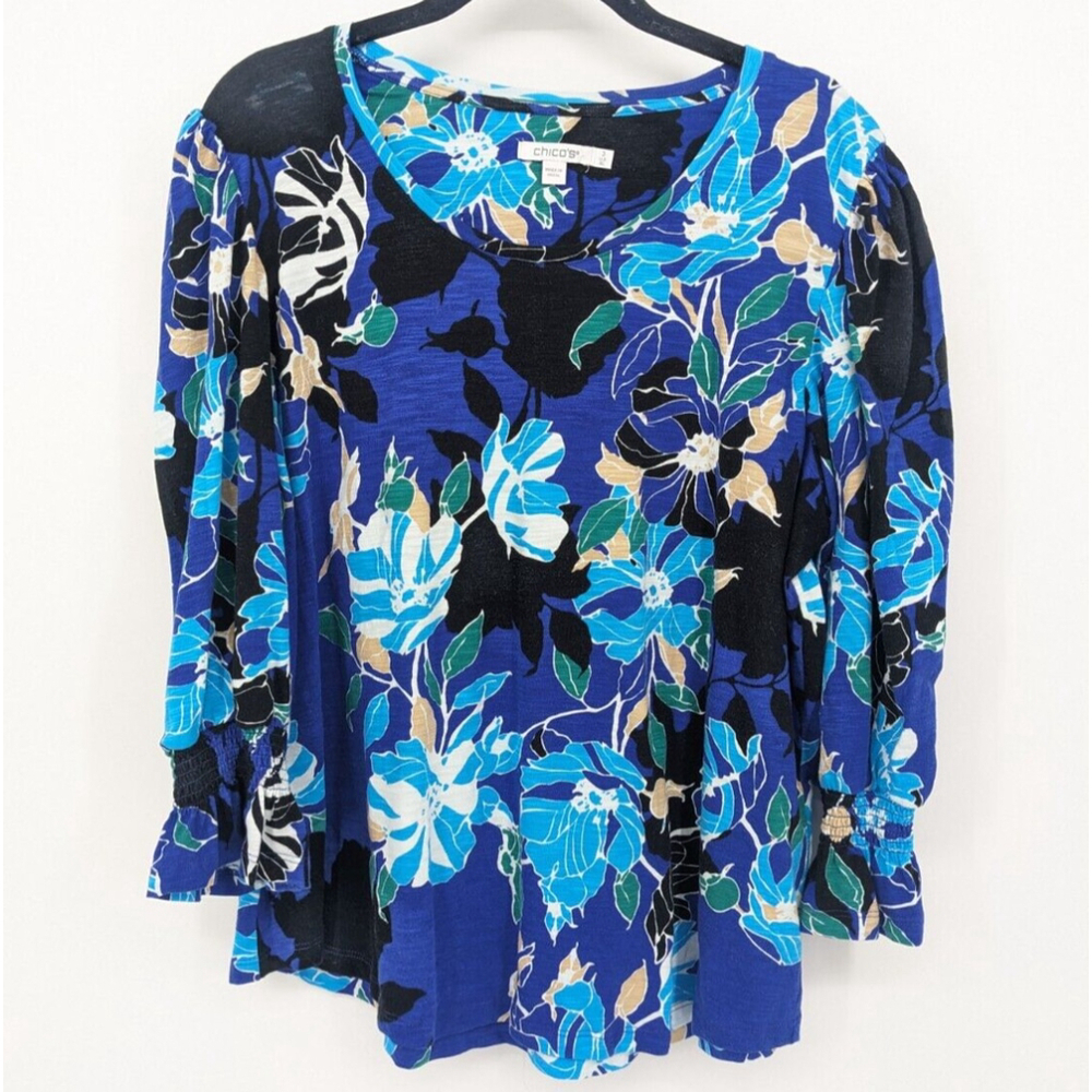 Chicos Shirt Women Extra Large Blue Floral Bell Sleeve Mature Vibrant Casual Top